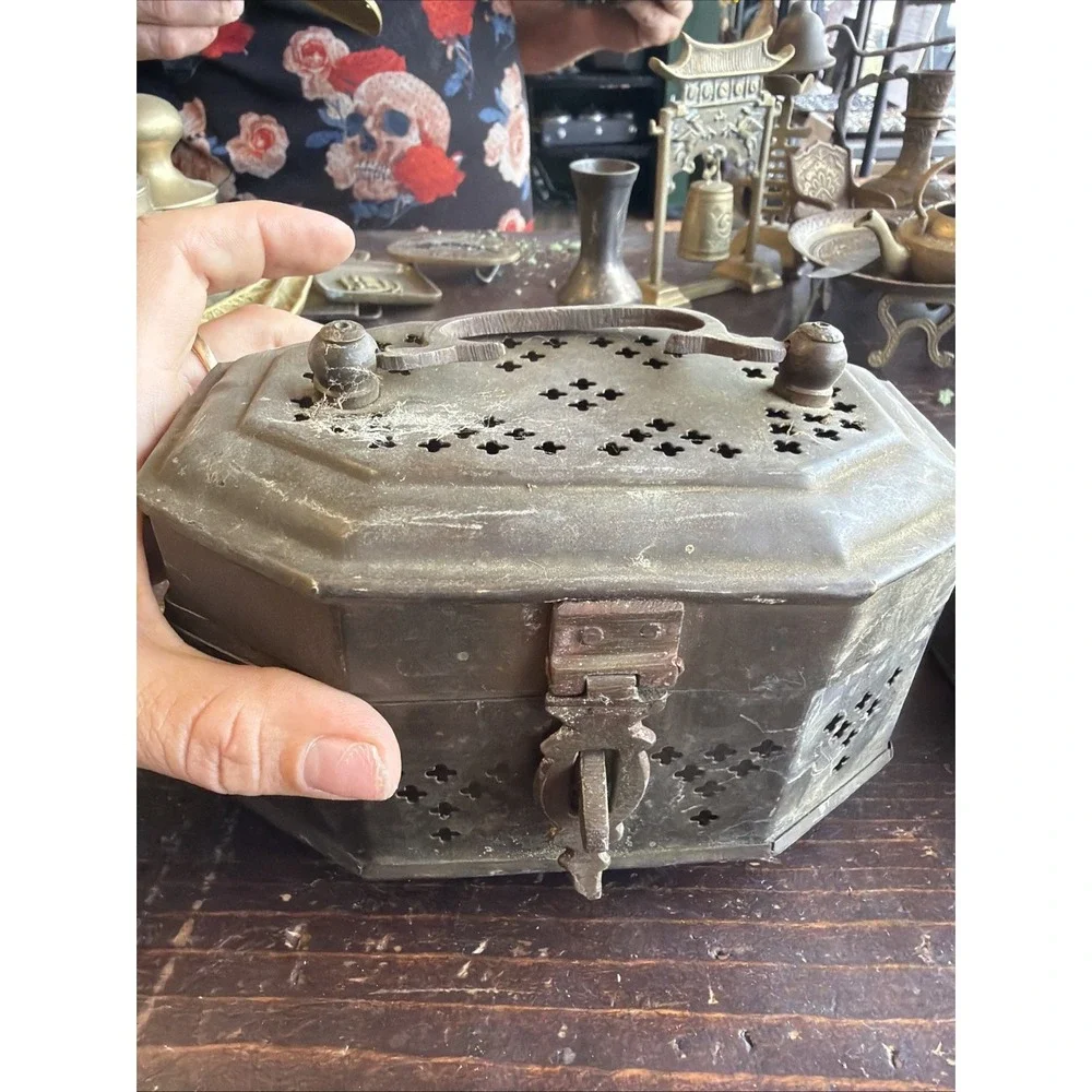 Vintage Brass Octagon Incense Boxes Pierced Set of 2